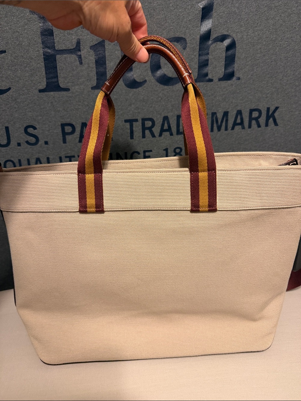 Coach Canvas Messenger Bag in Cream with Burgundy and Mustard Straps - Picture 2 of 3